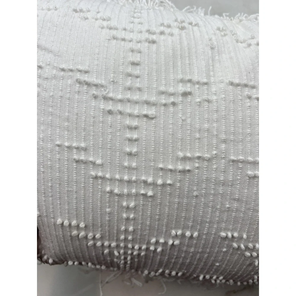 DKNY Throw Pillow White Cotton Textured Lumbar Decorative Fringe Trim 12x22